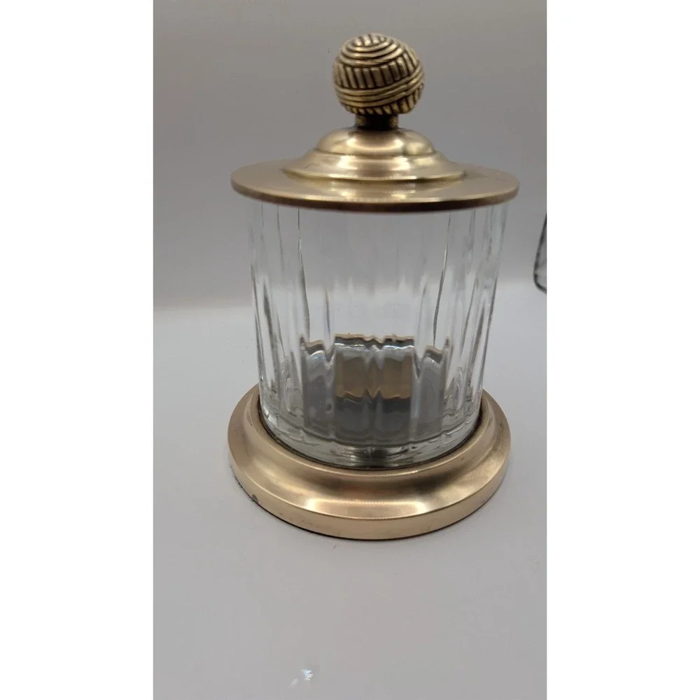 Home Centre Panama Canal Glass Cotton Jar Brass Lid Ribbed Vanity Storage Vanity